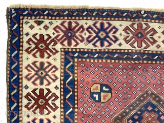 Antique small prayer rug with an unusual design. Presumably Caucasian Kazak but not like any I have had. Quite an eye catching field design but also a notable main border as well.  ...