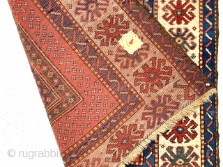 Antique small prayer rug with an unusual design. Presumably Caucasian Kazak but not like any I have had. Quite an eye catching field design but also a notable main border as well.  ...