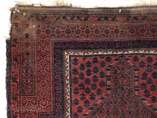 Antique Baluch prayer rug. Uncommon and interesting doktar I ghazi design. Overall fair condition for an older example. All good natural colors featuring lots of nice light blues. Decent even low pile  ...