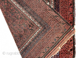 Antique Baluch prayer rug. Uncommon and interesting doktar I ghazi design. Overall fair condition for an older example. All good natural colors featuring lots of nice light blues. Decent even low pile  ...