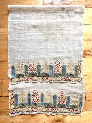 Antique little decorated Turkish towel. Attractive design. As found, structurally sound but dirty with staining as shown. 19th c. 14” x 35” asking $100 or bo.       