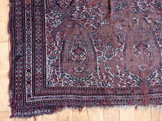 Antique south Persian ivory ground rug with classic boteh design field. Rough condition as shown. Priced accordingly. Structurally sound. 
53” x 74” asking $275 or bo       