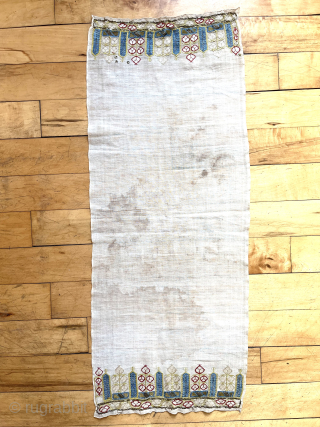 Antique little decorated Turkish towel. Attractive design. As found, structurally sound but dirty with staining as shown. 19th c. 14” x 35” asking $100 or bo.       