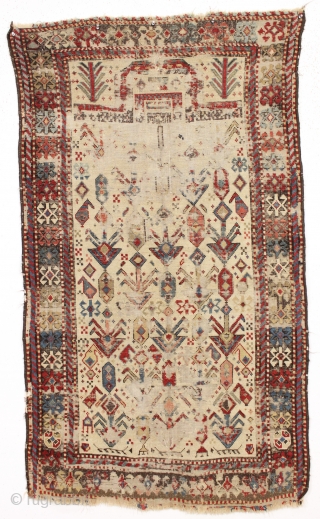 antique akstafa prayer rug. Ghost of a very early example of the type. Extraordinary  drawing and colors. Obvious heavy wear and crude old flat stitch repair and priced accordingly. Reasonably clean  ...