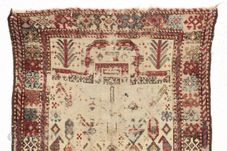 antique akstafa prayer rug. Ghost of a very early example of the type. Extraordinary  drawing and colors. Obvious heavy wear and crude old flat stitch repair and priced accordingly. Reasonably clean  ...