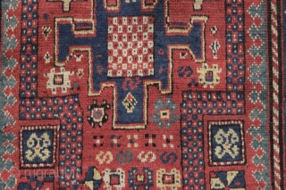 antique kazak in good condition with unusual soft coloring. Interesting example of a Kazak long rug with karachopf variant design. Nice active border. Mostly good fleecy pile. unusual soft palette with all  ...