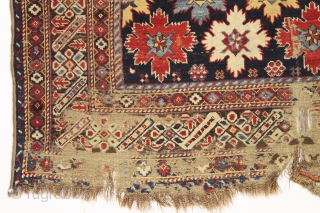 Antique east caucasian snowflake design rug, probabaly shirvan, with a nicely drawn chi chi border. High quality wool and all excellent natural colors. "As found" with damage as shown and priced accordingly.  ...