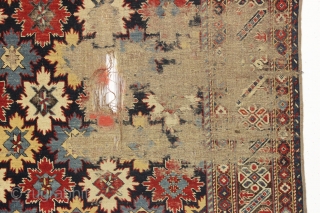 Antique east caucasian snowflake design rug, probabaly shirvan, with a nicely drawn chi chi border. High quality wool and all excellent natural colors. "As found" with damage as shown and priced accordingly.  ...