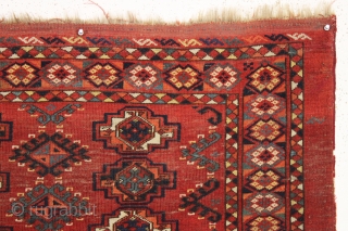 unusually colorful antique ersari chuval with an interesting border. All excellent natural colors featuring pretty light blues, a rich apricot and a fine clear yellow. Intact with original selvages. Overall even pile  ...