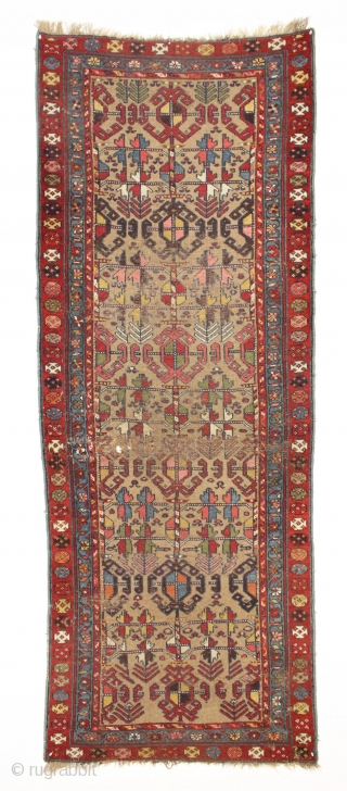 Antique camel ground NW Persian or kurdish rug. Extra colorful version of this known design. "As found" condition, very dirty and with an area of heavy wear as shown. Structurally sound. Good  ...