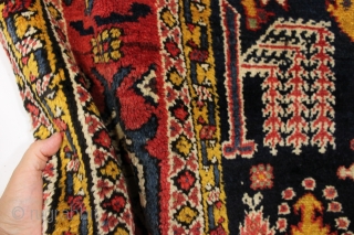 Beautiful antique tribal rug, probably Baktiari, with a great design and superb colors. Mostly thick full pile and terrific nearly square size. Lovely greens, purples and a clear yellow/gold. Wool warps. Clean,  ...