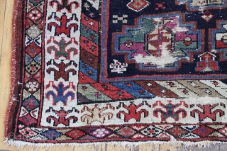 antique tribal mystery long rug. Interesting older rug with wonderful graphics and beautiful colors. Unfortunately, in very poor, abused condition. Excellent quality wool and all natural colors. Washed but not repaired. Northwest  ...