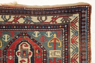 Antique kazak prayer rug. Unusual and eye catching cloudband design. Inscribed date panel (1300 equals 1883). Interesting border as well. "as found", dirty with slight overall wear and edge roughness as shown.  ...