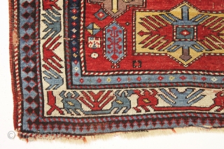 Antique kazak prayer rug. Unusual and eye catching cloudband design. Inscribed date panel (1300 equals 1883). Interesting border as well. "as found", dirty with slight overall wear and edge roughness as shown.  ...