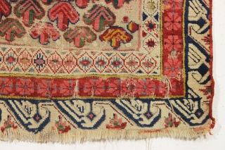 antique little seichour rug with astonishing color. A rainbow of natural colors. Almost completely oxidized brown field. Overall rough condition with wear and damage as shown. Slight edge staining from the crude  ...