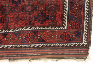 antique baluch rug in excellent condition. Classic baluch lattice design. Thick glossy wool and all natural colors. Original selvages and great kelim ends. I see no repairs. As found, could use a  ...