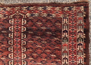 Early yomud ensi with elegant drawing, rich colors and overall good condition. Beautiful skirt panels. Good pile. All excellent saturated colors. Reasonably clean. Good age. 3rd qtr. 19th c. 4’3” x 5’  ...