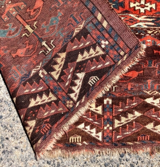 Early yomud ensi with elegant drawing, rich colors and overall good condition. Beautiful skirt panels. Good pile. All excellent saturated colors. Reasonably clean. Good age. 3rd qtr. 19th c. 4’3” x 5’  ...