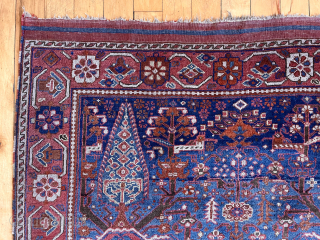 Antique Afshar rug in very good condition with a delicately drawn floral field and rich saturated colors. The intense abrashed blue ground is very attractive. Original flat woven ends and selvages. Untouched  ...