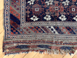 Unusual small Baluch “main” carpet with nicely drawn Mina khani field. Numerous little animals and an uncommon barber pole main border. Moderate brown oxidation and scattered wear as shown. Good old colors  ...
