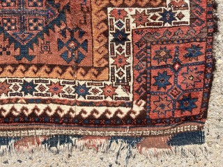 Antique Baluch double ended prayer rug. First rate example of this rare type. Mostly good thick pile. Turkish knotted. Great range of natural colors  including greens, blues, yellows, madder and cochineal  ...