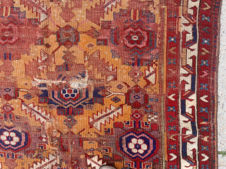 Early large Kurdish, “Sauj Bulagh” rug. Exceptional example of this design group. First rate saturated natural colors featuring lovely purples, greens, pinks, yellows and multiple reds. Original browns heavily oxidized and large  ...