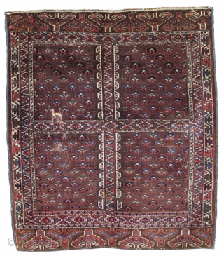 antique yomud ensi or small rug with eagle end panels and an unusual border design. Mostly good pile with nice tight weave. "as found", very very dirty with a couple holes and  ...