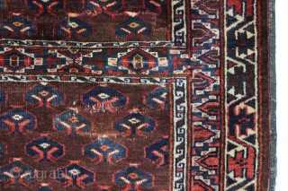 antique yomud ensi or small rug with eagle end panels and an unusual border design. Mostly good pile with nice tight weave. "as found", very very dirty with a couple holes and  ...