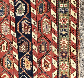 Antique small Caucasian rug with an interesting design and attractive old colors including pretty greens. This column design and the cochineal purple pile indicates karrabagh but the weave looks more south Caucasian?  ...