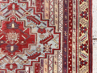 Antique Turkish village rug with attractive cane design field. Kirshehir area? Overall pretty good condition although dirty and very much in need of a good wash. Mostly even low pile with scattered  ...
