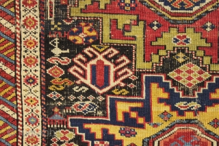 early caucasian lesghis star rug with incribed date of 1821. Probabaly shirvan. Older example with very wide range of vibrant natural colors. Delicate complex drawing with some charming elements I have not  ...