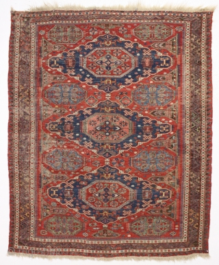 antique small soumak carpet. Classic design with some charming tribal elements including 12 rockects and 6 tiny people. Nice older example in good condition for the age. All natural colors featuring a  ...