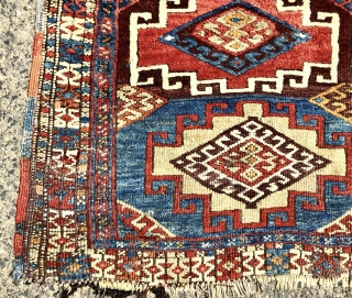 Antique tribal rug with bold large Memling guls and thick fleecy pile. Possibly east Anatolian origin? Excellent natural colors. Mostly good thick pile with scattered wear, creases, tears, brown oxidation and end  ...