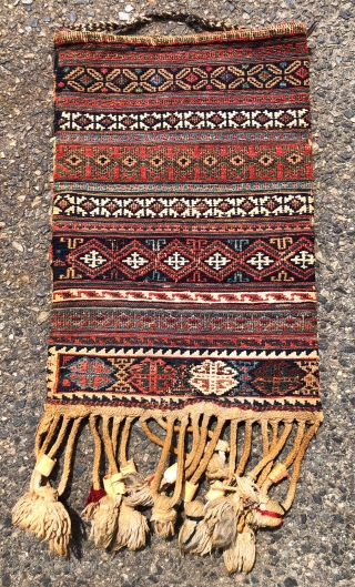 Antique complete flat woven soumak small bag, likely Persian - Afshar? or Bahktiari? All excellent natural colors with nice greens and light blue highlights. Original ends and wrapping. Whites appear to be  ...