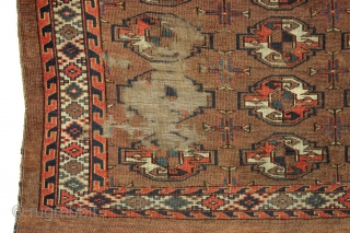 Yomud chuval. All good colors. Even low pile with wear as shown. "as found", not cleaned, not repaired, not expensive. ca. 1880 weaving 2'7" x 4'       