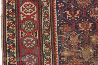 early caucasian prayer rug with an unusual and beautiful design. All natural colors featuring a fine old purple. As found, very very dirty, thin, with wear as shown. Could be restored or  ...