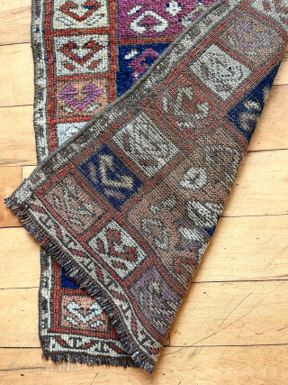 
Antique Turkish yastik with attractive design and fair overall condition. Probably kirshehir area as cochineal dye is clearly used. Good age. As found, in need of a good wash. 
19th c. 19”  ...