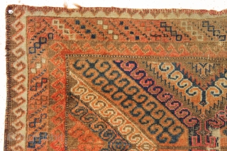 antique baluch rug. I know the colors look unusual but this rug does have a most unusual color palette. In "as found" condition, very dirty, just picked from a New England home.  ...