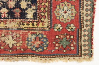 Antique caucasian rug. Early example in abused condition. An interesting design with all natural colors (no fuchsine). Grandma worked overtime flat stitching this beauty, filling in substantial sections by candlelight no doubt.  ...