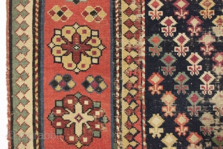 Antique caucasian rug. Early example in abused condition. An interesting design with all natural colors (no fuchsine). Grandma worked overtime flat stitching this beauty, filling in substantial sections by candlelight no doubt.  ...