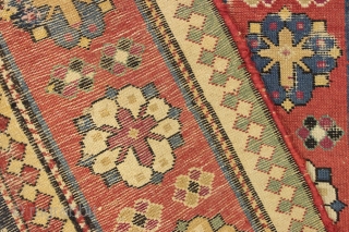 Antique caucasian rug. Early example in abused condition. An interesting design with all natural colors (no fuchsine). Grandma worked overtime flat stitching this beauty, filling in substantial sections by candlelight no doubt.  ...