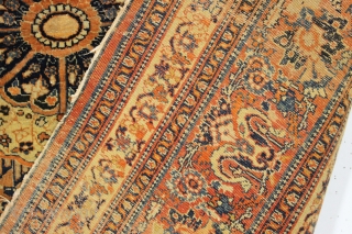 antique tabriz rug. Local find. Genuine older tabriz with a rare terrific design and characteristic early colors. Fine weave. As found, good even tight pile with a few small spots of wear  ...