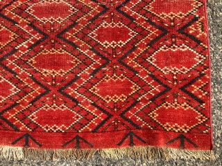 Antique very large Ikat inspired turkman chuval with some unusual structural features. Appears to have ivory cotton wefting and partial mixed cotton/wool warps. Pile varies from good low pile to very low  ...