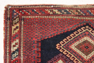 Antique very small afshar rug. Good thick pile and all natural colors. "As found", very dirty with some edge roughness and oxidized browns as shown. Sweet size. Late 19th c. 3'5" x  ...