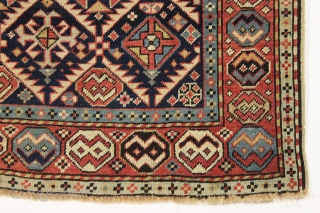 Old caucasian prayer rug, probably akstafa, in pretty good condition for a real antique example. Unusual use of the chajli type border. Allover fair even pile. Nice color. Small crude repair of  ...