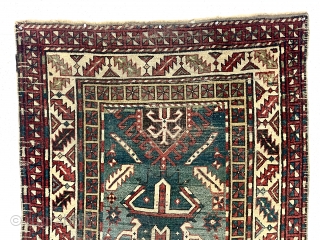 Antique unusual Caucasian long rug with some interesting features that evoke a talish origin. Large palmettes I associate with northwest Persian rugs but minor borders with talish type squares and selvages that  ...