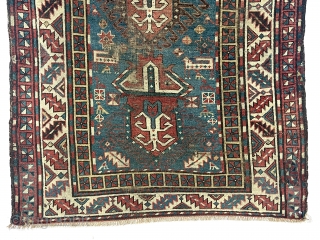 Antique unusual Caucasian long rug with some interesting features that evoke a talish origin. Large palmettes I associate with northwest Persian rugs but minor borders with talish type squares and selvages that  ...