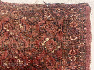 Antique ersari turkman Chuval. Unusually large size and possibly the oldest of the type I have encountered. Well drawn field and an eye catching skirt panel I have not seen before. All  ...