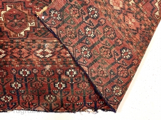 Antique ersari turkman Chuval. Unusually large size and possibly the oldest of the type I have encountered. Well drawn field and an eye catching skirt panel I have not seen before. All  ...