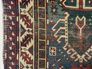 Antique unusual Caucasian long rug with some interesting features that evoke a talish origin. Large palmettes I associate with northwest Persian rugs but minor borders with talish type squares and selvages that  ...